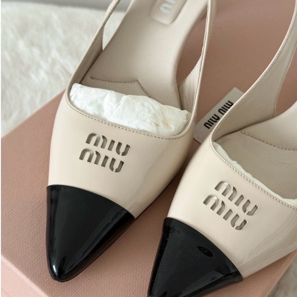 Miu Miu Cream and Black Slingback Kitten Heels